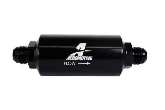 Aeromotive in-line fuel filter with AN-10 male fitting and 10 micron microglass element, finished in bright-dip black.