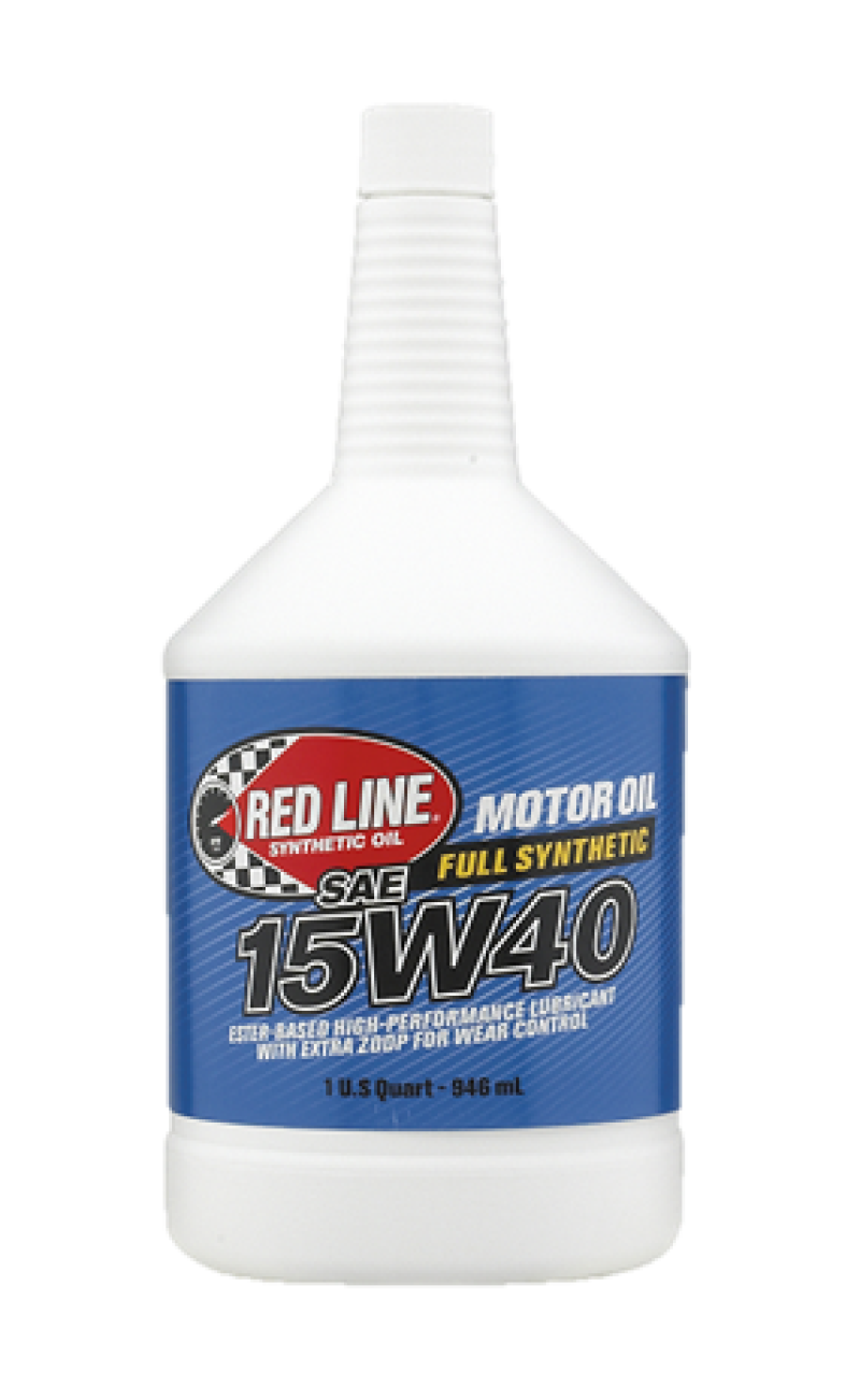 Red Line 15W40 diesel motor oil in a quart container, suitable for diesel engines, with a red label and black cap.