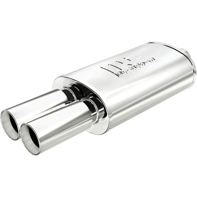 MagnaFlow stainless steel muffler with tip, 14x5x8 inches, featuring dual inlet/outlet pipes, designed for car exhaust systems.