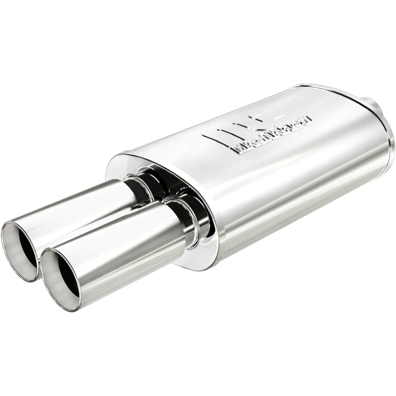 MagnaFlow stainless steel muffler with tip, 14x5x8 inches, featuring dual inlet/outlet pipes, designed for car exhaust systems.
