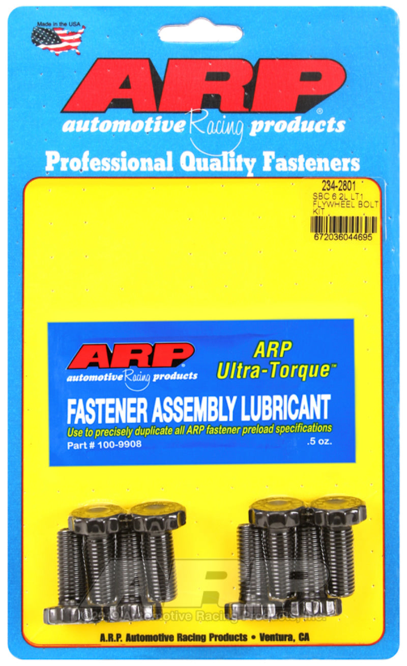 ARP Chevrolet Small Block 6.2L LT1 flywheel bolt kit showing 1.25-inch hardware bolts for engine assembly.