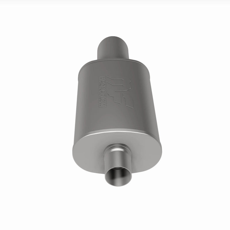 MagnaFlow stainless steel muffler with tip, 14x5x8 inches, featuring dual inlet and outlet pipes, for vehicle exhaust systems.