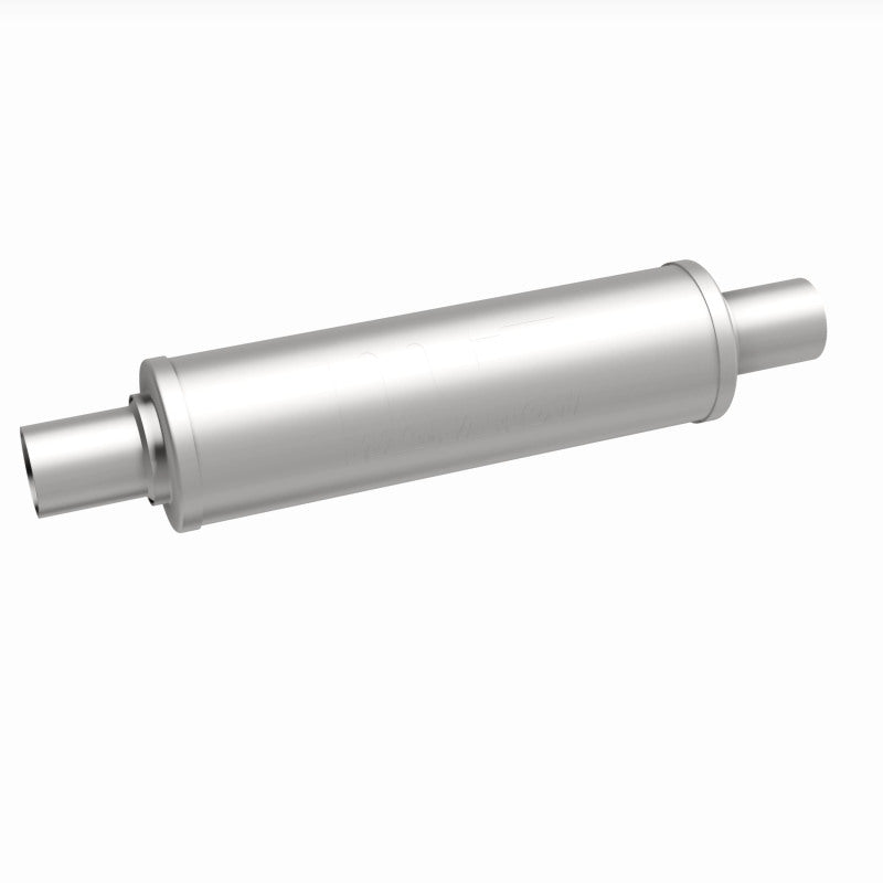 MagnaFlow Mag SS muffler with 14x4x4 inch dimensions and dual 2x2 inlet/outlet, shown in a close-up image.