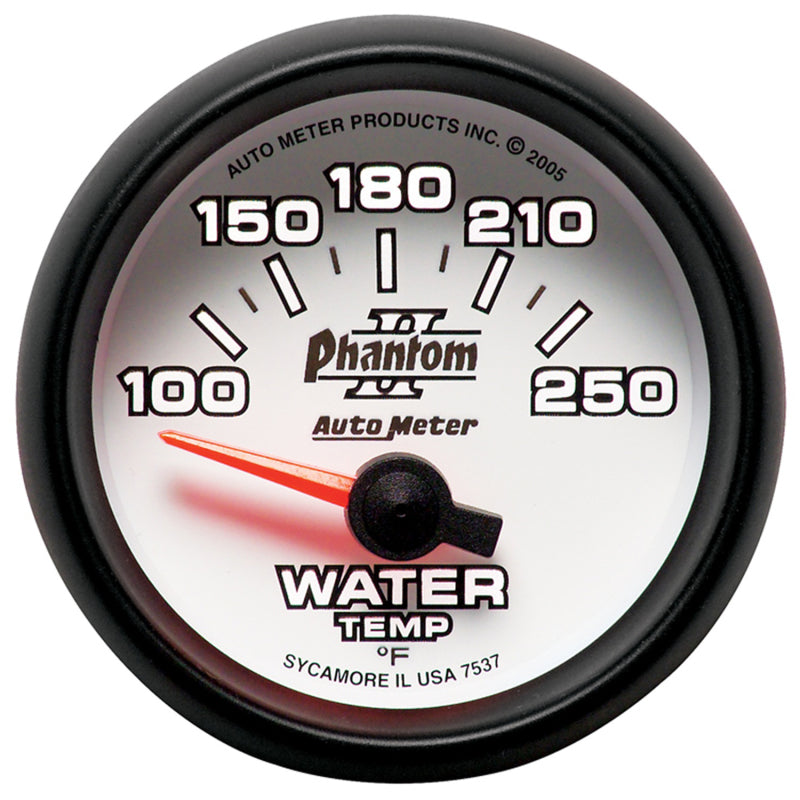 AutoMeter Phantom II 52.4mm water temperature gauge showing a temperature of 185°F in a car engine.