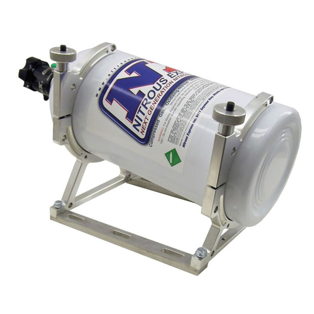 Nitrous Express billet bracket for 10lb and 15lb N2O bottles with floor mounts, designed for secure nitrous bottle installation.
