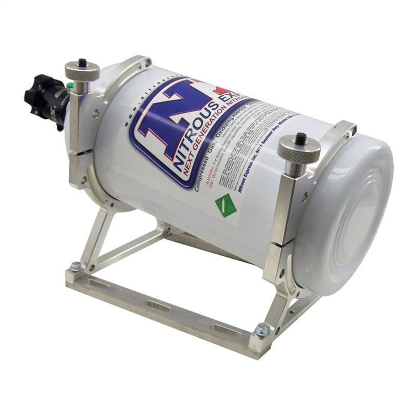 Nitrous Express billet bracket for 10lb and 15lb N2O bottles with floor mounts, designed for secure nitrous bottle installation.