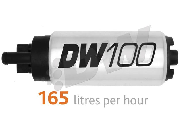 DeatschWerks 165 LPH in-tank fuel pump with universal install kit, showing the pump and installation components.