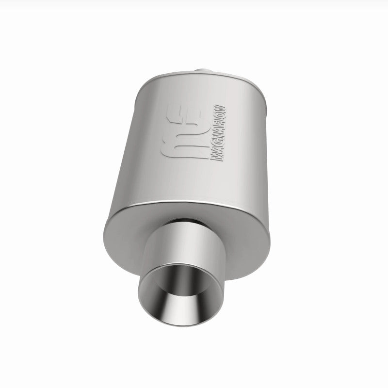 MagnaFlow stainless steel muffler with tip, 14x5x8 inches, featuring dual 2.25/4-inch inlet and outlet pipes, for automotive exhaust systems.