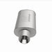 MagnaFlow stainless steel muffler with tip, 14x5x8 inches, featuring dual 2.25/4-inch inlet and outlet pipes, for automotive exhaust systems.