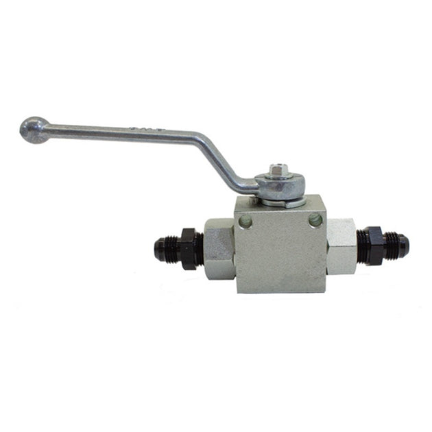 Nitrous Express remote shutoff valve with 6AN male inlet and outlet, used for controlling nitrous oxide flow in performance vehicles.
