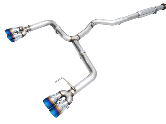 AWE Tuning 22-26 Subaru WRX Track Edition catback exhaust with vapor blue tips, showcasing sleek metallic finish and dual exhaust outlets.
