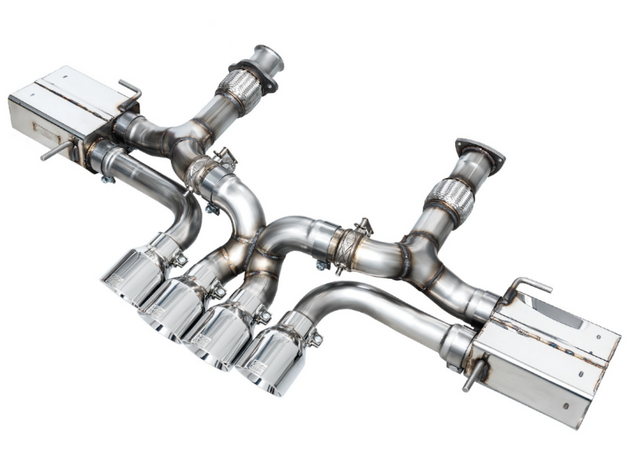 AWE Tuning axle back exhaust system with chrome silver tips installed on a 2023-2025 Chevrolet C8 Corvette Z06, showcasing the polished tips.