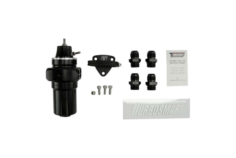 Turbosmart -10AN FPRF10 canister style fuel filter with regulator in black, shown from side view with fittings and branding.