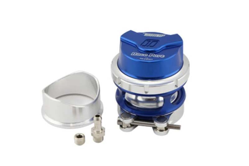 Blue Turbosmart BOV RacePort Gen V blow off valve mounted on an engine, showcasing its sleek design and vibrant color.