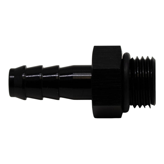 DeatschWerks 6AN ORB male to 5/16-inch male triple barb fitting with O-ring, anodized matte black for fuel or oil lines.