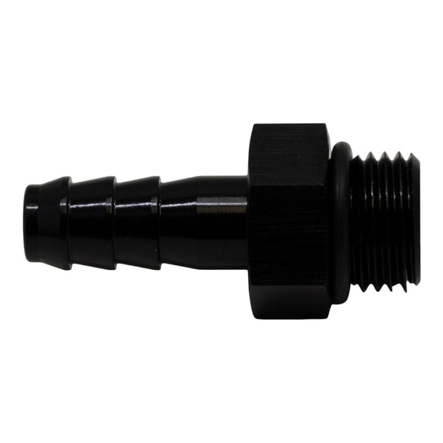 DeatschWerks 6AN ORB male to 5/16-inch male triple barb fitting with O-ring, anodized matte black for fuel or oil lines.