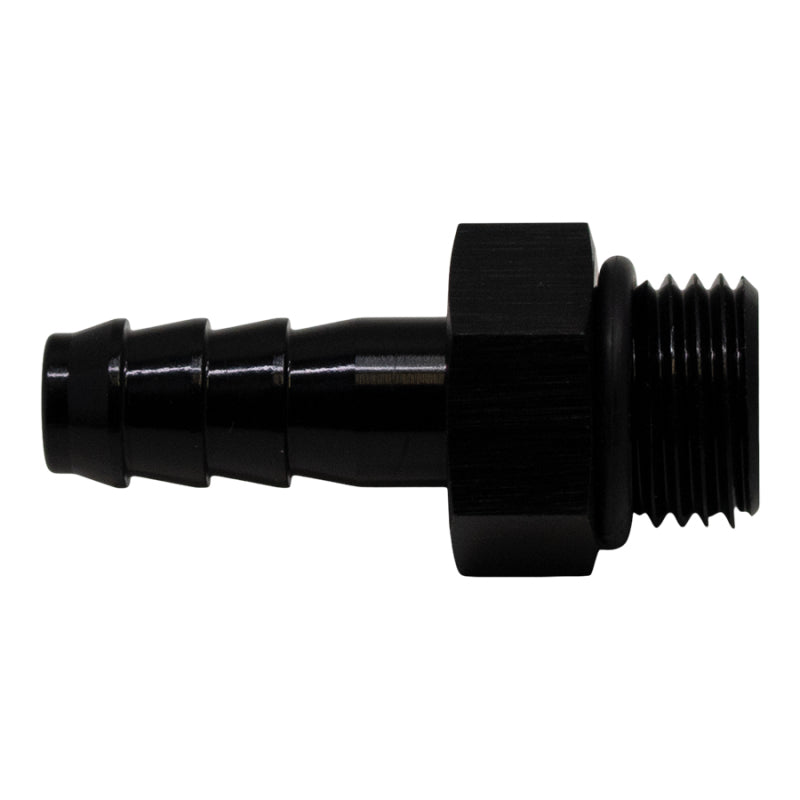 DeatschWerks 6AN ORB male to 5/16-inch male triple barb fitting with O-ring, anodized matte black for fuel or oil lines.