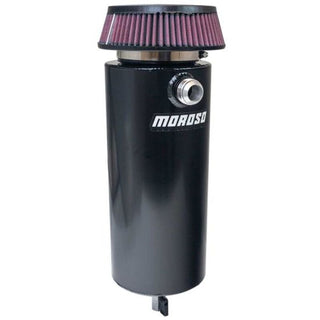 Moroso black aluminum 6-inch diameter single 16AN inlet oil catch can with breather tank, designed for automotive engine ventilation.