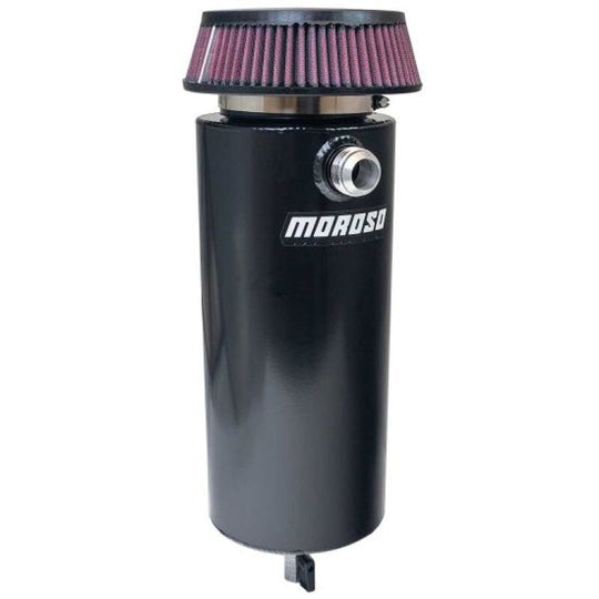 Moroso black aluminum oil catch can with 6-inch diameter single -16AN inlet, designed for automotive engine ventilation.