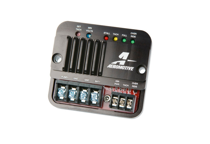 Aeromotive fuel pump speed controller for precise fuel pump regulation, shown with wiring and control interface.