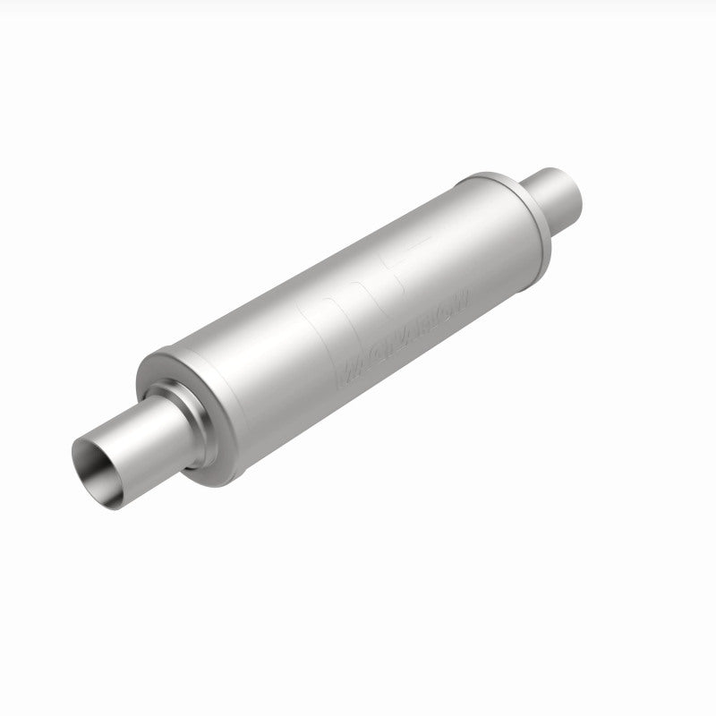 MagnaFlow MagnaFlow Mag SS muffler with 14x4x4 inch dimensions and dual inlet/outlet, stainless steel construction, mounted on vehicle.
