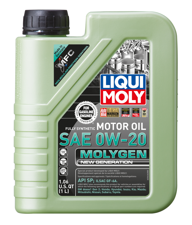 LIQUI MOLY Molygen New Generation 1L 0W20 motor oil bottle, showcasing the product label and container.