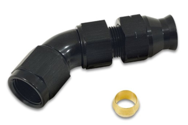 Vibrant 45-degree 3/8 inch tube to female 6AN fitting, automotive fluid connector with angled design