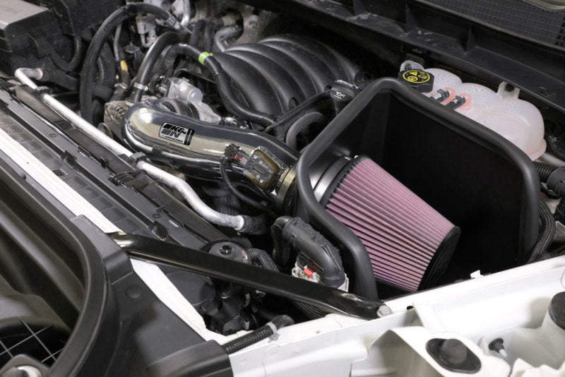 K&N cold air intake kit for 2019 Chevy Silverado and GMC Sierra 1500 V8-5.3/6.2L engine, showing the intake tube and filter.
