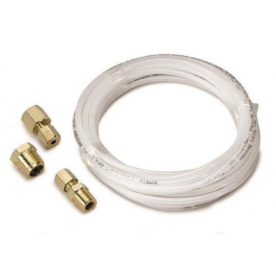 AutoMeter 12-foot nylon tubing with 1/8-inch brass compression fittings for gauges, shown coiled with fittings attached.