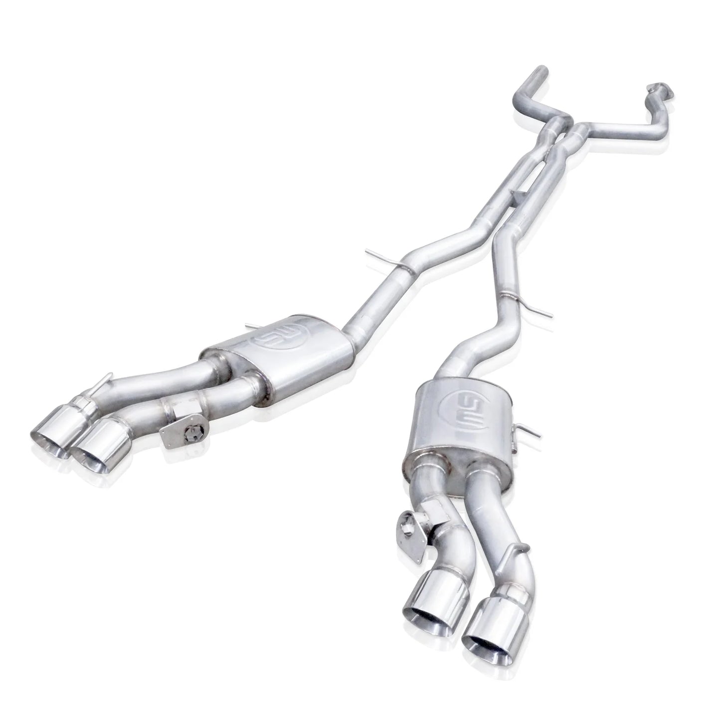 Stainless Works 3-inch dual turbo cat-back exhaust system for CTSV16, featuring polished stainless steel mufflers and piping.