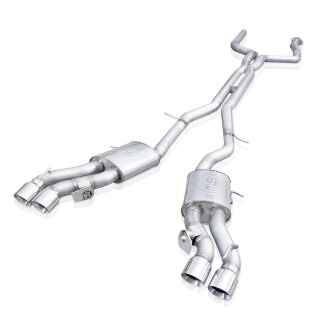 Stainless Works 3-inch dual turbo cat-back exhaust system for CTSV16, featuring polished stainless steel mufflers and piping.