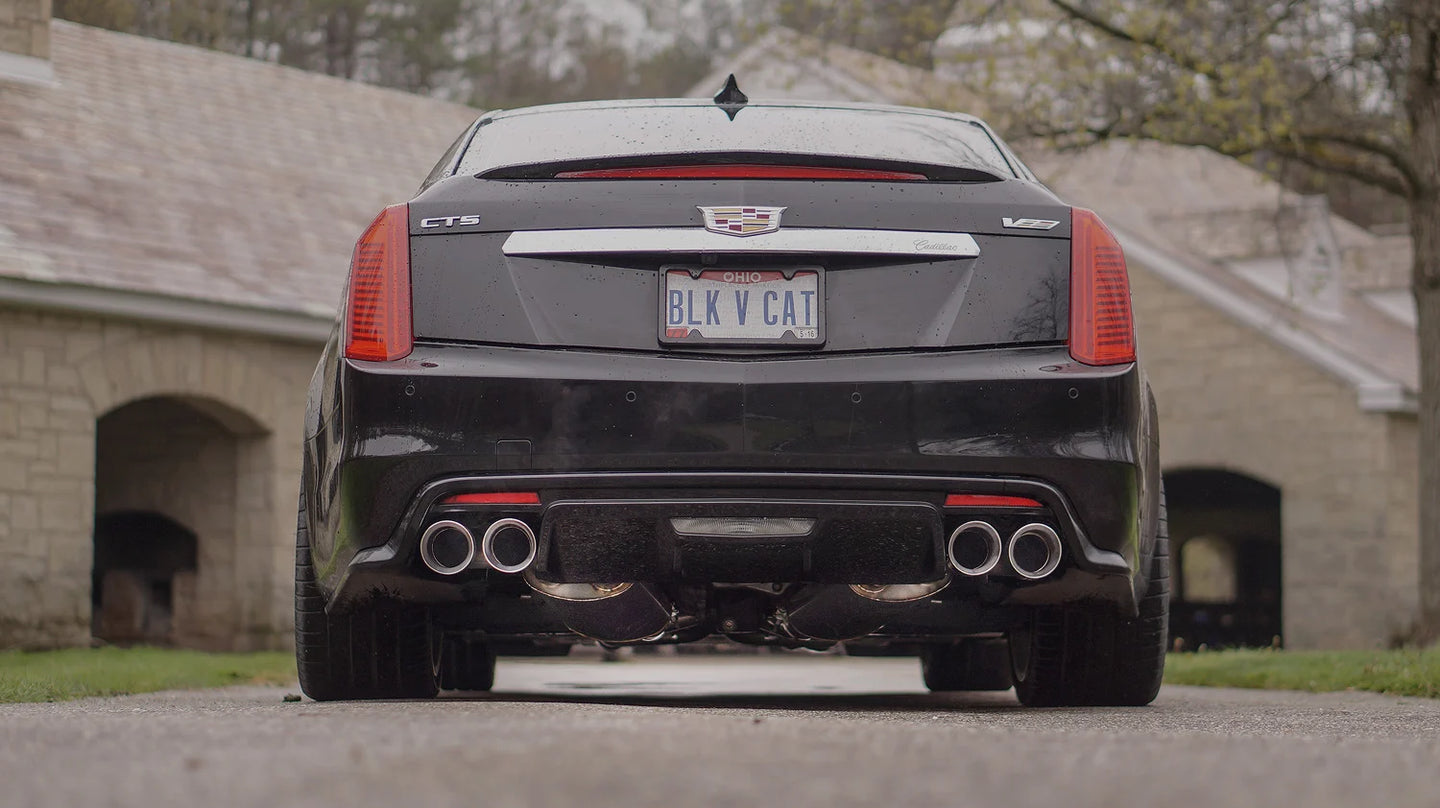 Stainless Works 3-inch dual turbo cat-back exhaust system with mufflers for CTSV, showcasing polished stainless steel pipes and dual tips.