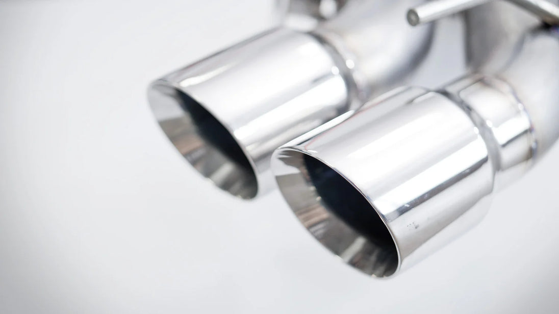 Stainless Works 3-inch dual turbo muffler cat-back exhaust system for CTSV16CB, featuring polished stainless steel pipes and mufflers.