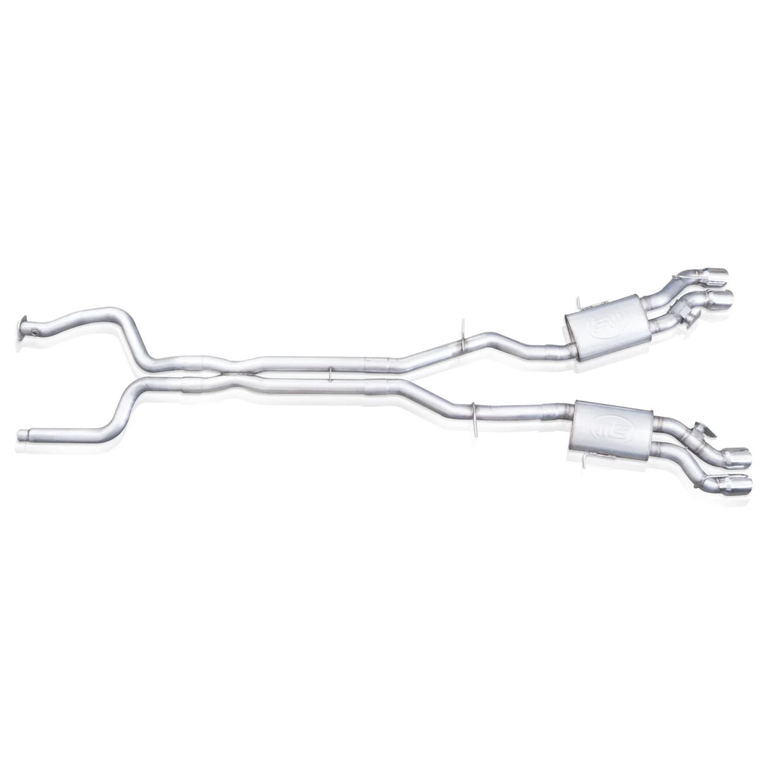 Stainless Works 3-inch dual turbo cat-back exhaust system for CTSV, featuring dual mufflers and polished stainless steel finish.