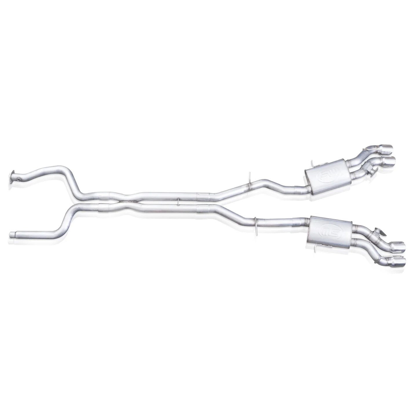 Stainless Works 3-inch dual turbo cat-back exhaust system for CTSV, featuring dual mufflers and polished stainless steel finish.