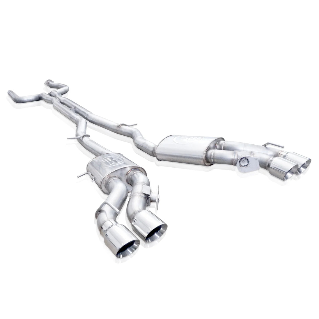 Stainless Works 3-inch dual turbo cat-back exhaust system with mufflers for CTSV, showcasing polished stainless steel pipes.