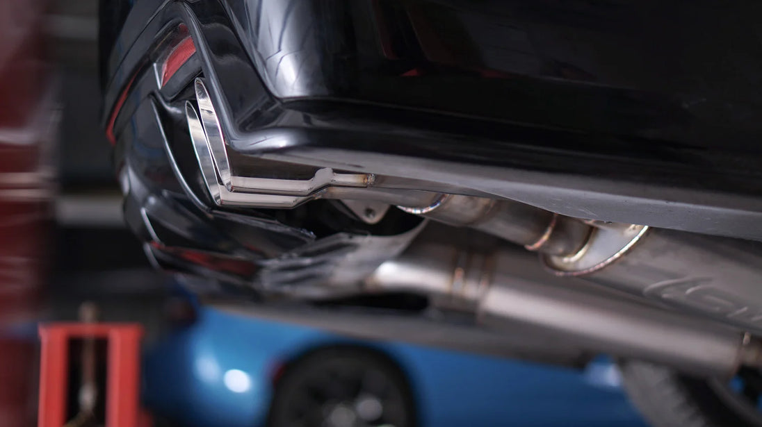 Stainless Works Cat-Back Exhaust System with 3-inch dual turbo mufflers for CTSV, shown installed on a vehicle.