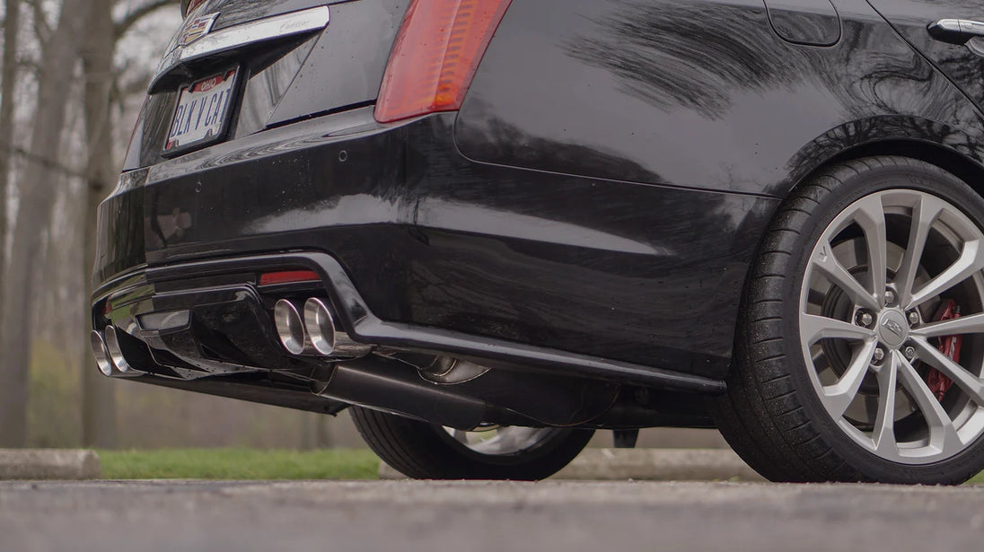 Stainless Works Cat-Back Exhaust System with 3-inch dual turbo mufflers for CTSV, showcasing polished stainless steel pipes and mufflers.