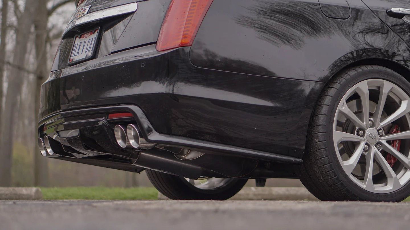 Stainless Works Cat-Back Exhaust System with 3-inch dual turbo mufflers for CTSV, showcasing polished stainless steel pipes and mufflers.
