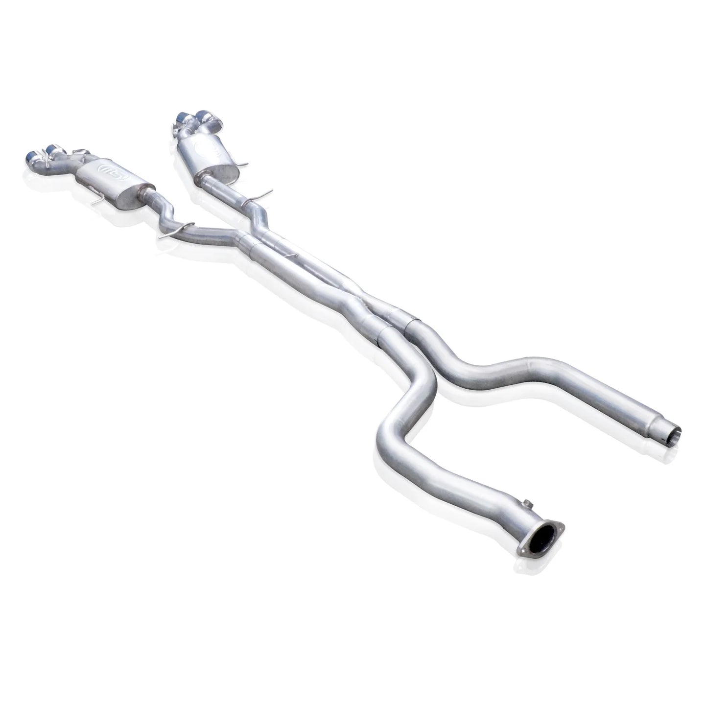 Stainless Works 3-inch dual turbo cat-back exhaust system with mufflers for CTSV, featuring polished stainless steel pipes and dual outlets.