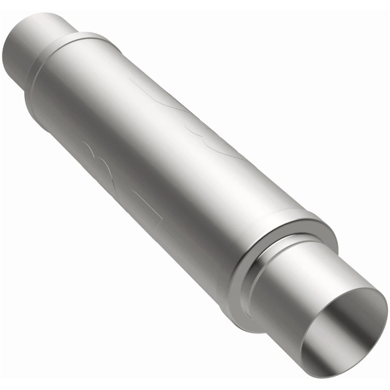 MagnaFlow Mag SS 4X4X14 3 muffler for trucks, showing the stainless steel construction and inlet and outlet pipes.