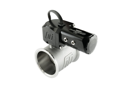 Turbosmart eSG76 electronic straight gate wastegate in black, showing its compact design and control components.