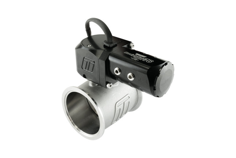 Turbosmart eSG76 electronic straight gate wastegate in black, showing its compact design and control components.