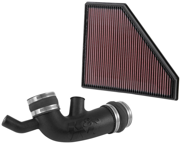 K&N Engineering cold air intake kit installed in a 2016-2019 Chevrolet Camaro V6 3.6L engine for improved performance and airflow.