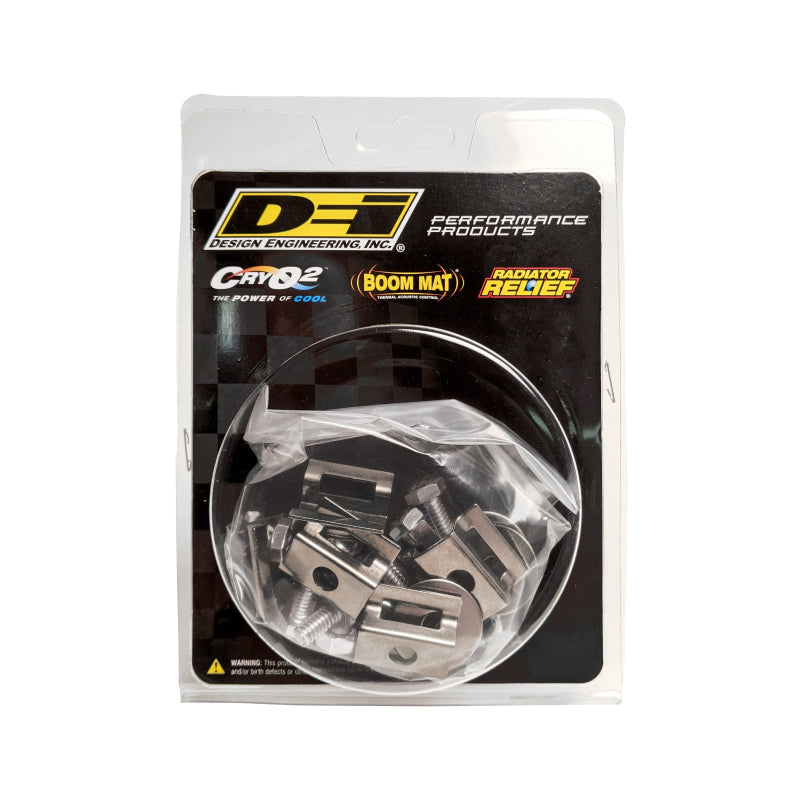 DEI Universal Heat Shield Stand-Off Mounting Kit fittings, including brackets and screws, designed for heat shield installation.