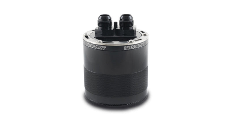 Vibrant small 0.75L 2-port oil catch can assembly for automotive engines, featuring black metal construction and inlet/outlet ports.