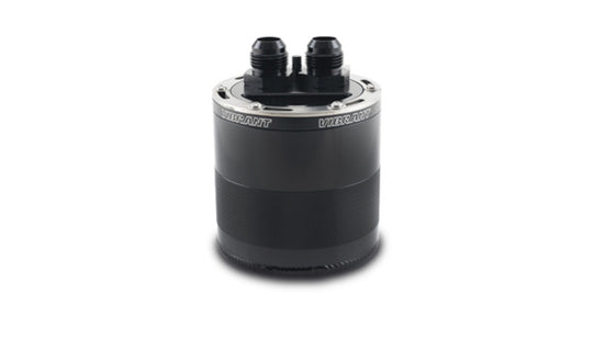 Vibrant small 0.75L 2-port oil catch can assembly for automotive engines, featuring black metal construction and inlet/outlet ports.