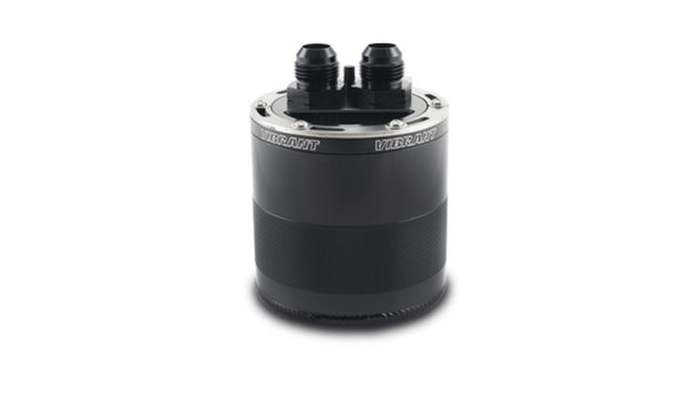 Vibrant small 0.75L 2-port oil catch can assembly for automotive engines, featuring black metal construction and inlet/outlet ports.