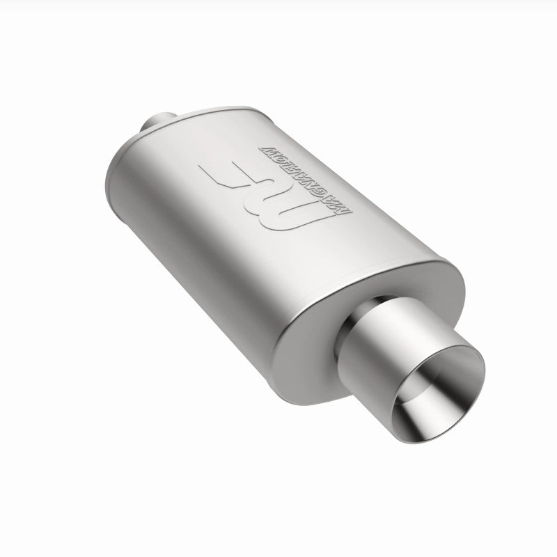 MagnaFlow stainless steel muffler with slip-on tip, 14x5x8 inches, suitable for automotive exhaust systems.