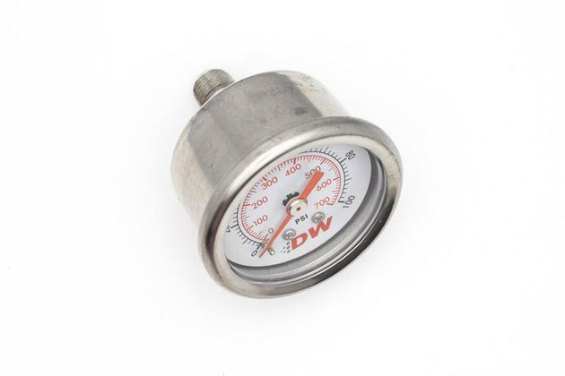 DeatschWerks mechanical fuel pressure gauge with 0-100 PSI range and 1/8 inch NPT fitting, featuring a clear dial display.